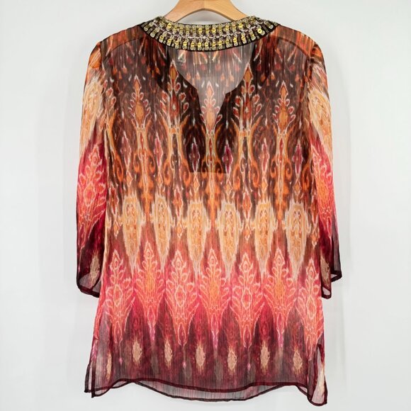 Chico's 1 semi Sheer Tunic Top Beaded Neckline 3/4 sleeve Size medium - Picture 10 of 11